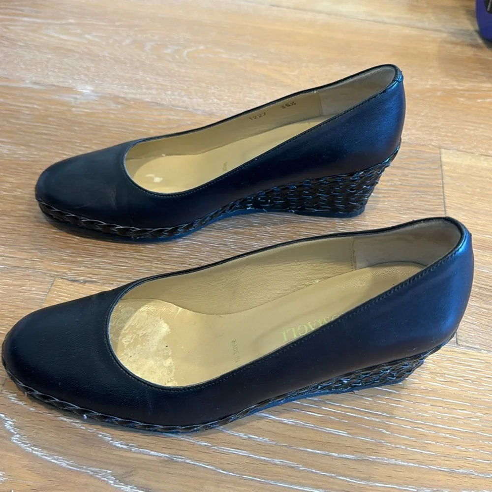 Bruno Magli black leather wedges with basket wave heel
